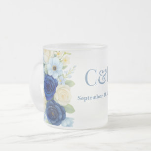 Caneca De Café Vidro Jateado Marinho Royal Bue Casamento Watercolor Flores De M