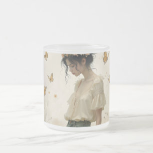 Caneca De Café Vidro Jateado Menina Etérea com Borboletas na Natureza