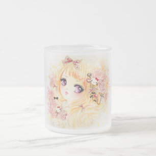 Caneca De Café Vidro Jateado Menina loura bonita com rosas