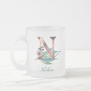 Caneca De Café Vidro Jateado Monograma de Folhagem de Aquarela com Floral Perso
