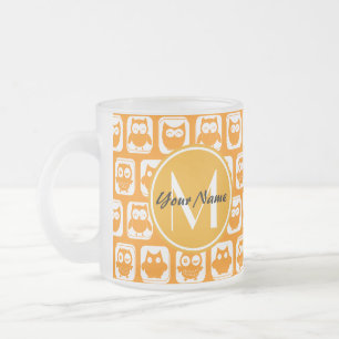 Caneca De Café Vidro Jateado Monograma Personalizado de Corujas Laranja