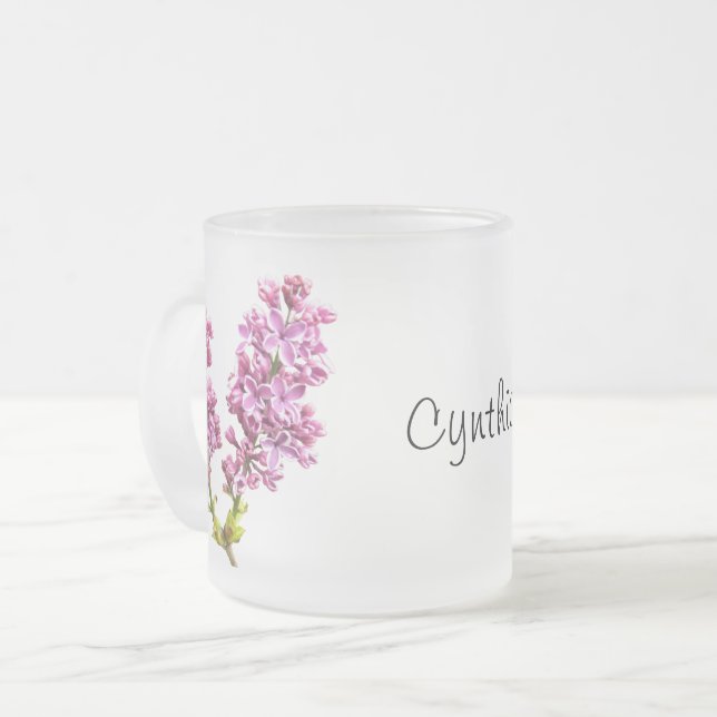 Caneca De Café Vidro Jateado Mug - Lilac floresce com Nome (Frente Esquerda)