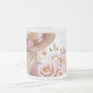 Caneca De Café Vidro Jateado Mulher Elegante com Peônias Impressão de Arte em A