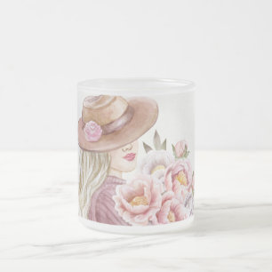 Caneca De Café Vidro Jateado Mulher Elegante com Peonies Watercolor Impressão