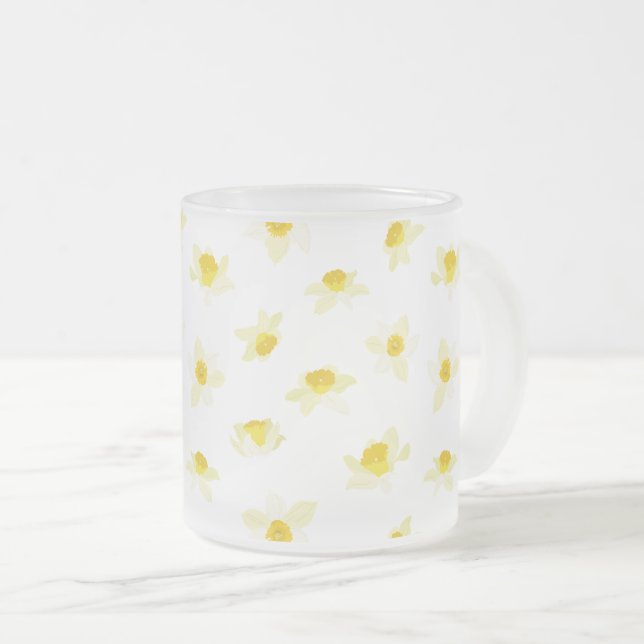 Caneca De Café Vidro Jateado Narcisos Amarelos Primavera Moderna. (Frente Esquerda)
