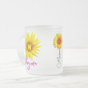 Caneca De Café Vidro Jateado Nome Floral e Monograma   Girassol Personalizado