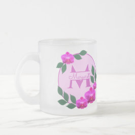Caneca De Café Vidro Jateado Nome personalizado da vintagem floral rosa, cor-de
