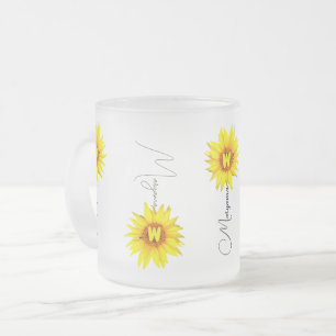 Caneca De Café Vidro Jateado Nome Personalizado e Monograma com Girassol Elegan