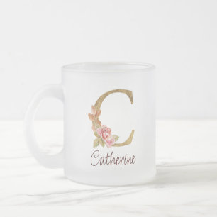 Caneca De Café Vidro Jateado Nome Personalizado Folha de Ouro Blush Rosas Rosa 