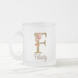 Caneca De Café Vidro Jateado Nome Personalizado Letra F Folha Dourada Rosas Ros
