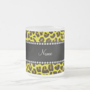Caneca De Café Vidro Jateado Nome personalizado padrão leopardo amarelo