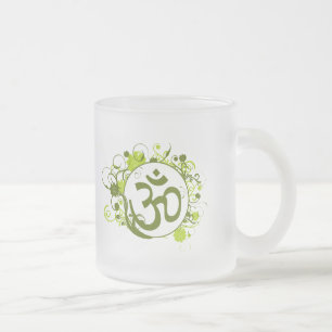 Caneca De Café Vidro Jateado OM floral verde budista