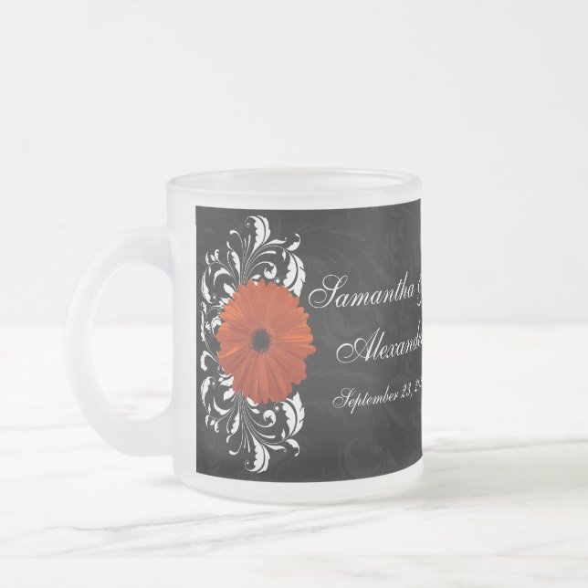 Caneca De Café Vidro Jateado Orange Gerbera Daisy com rolagem branca e negra (Esquerda)