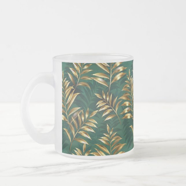 Caneca De Café Vidro Jateado Padrão contínuo com samambaias douradas (Esquerda)