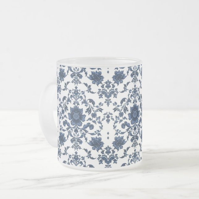 Caneca De Café Vidro Jateado Padrão de Flor de Damasco Vitoriano Elegante Azul  (Frente Esquerda)