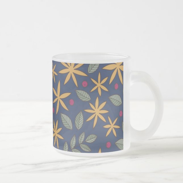 Caneca De Café Vidro Jateado Padrão Floral Amarelo Elegante em Azul (Direita)
