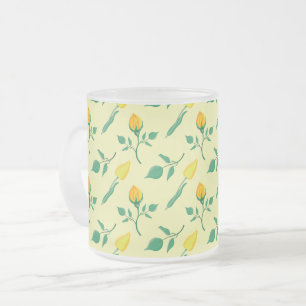 Caneca De Café Vidro Jateado Padrão floral com rosa amarela e flores tulipas