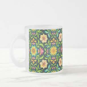 Caneca De Café Vidro Jateado Padrão Ornamental Floral em Cores Vibrantes