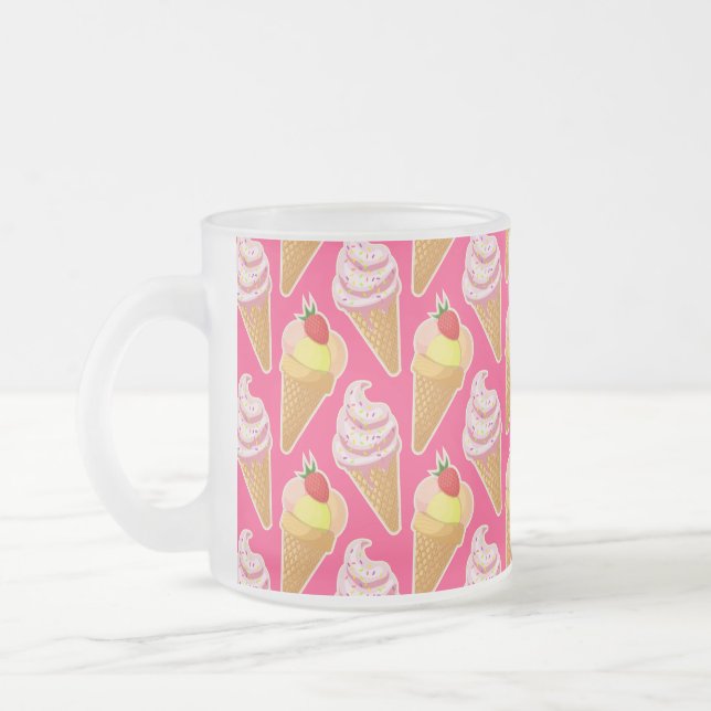 Caneca De Café Vidro Jateado Padrão rosa Kawaii com sorvete de morango (Esquerda)