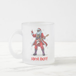 Caneca De Café Vidro Jateado Papais noeis Rocks! Engraçado Papai Noel tocando v