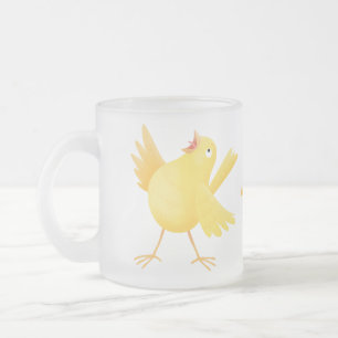 Caneca De Café Vidro Jateado Passarinho canário amarelo cantando fofo desenho a