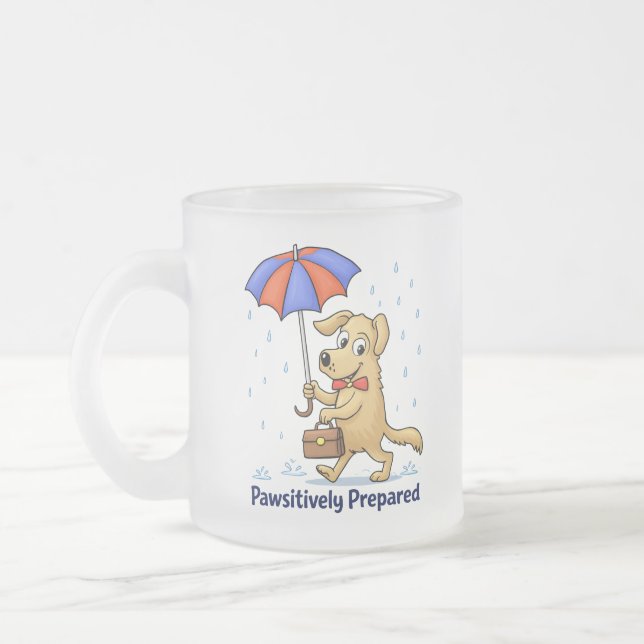 Caneca De Café Vidro Jateado Pawsitively Prepared – Cute Dog with Umbrella (Esquerda)