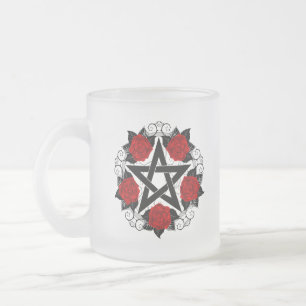 Caneca De Café Vidro Jateado Pentagrama com Rosas vermelhas