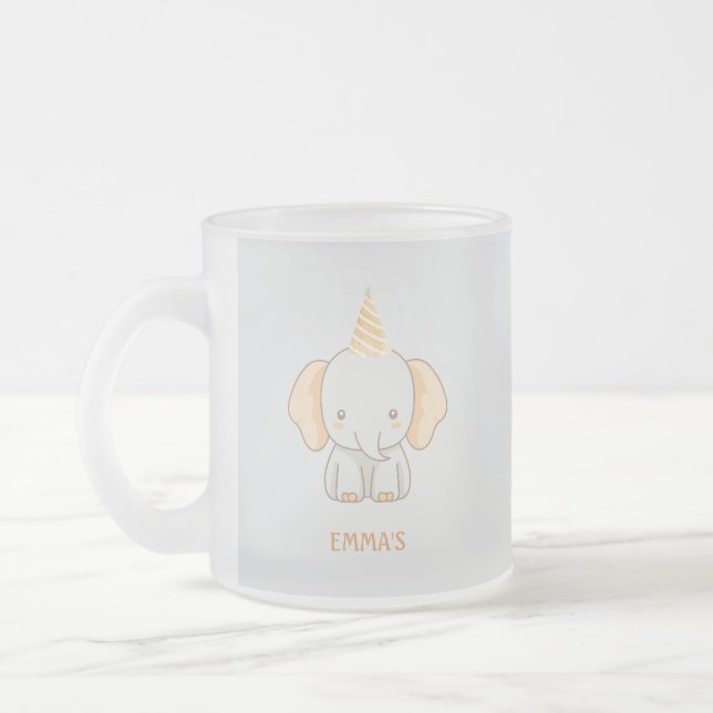 Caneca De Café Vidro Jateado Personalized Cute Elephant Kids Name (Esquerda)