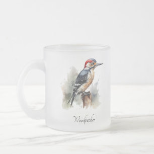 Caneca De Café Vidro Jateado Pica-Pau da Floresta em Aquarela, personalizado