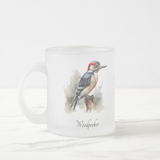 Caneca De Café Vidro Jateado Pica-pau Woodland Aquarela, personalizado (Esquerda)