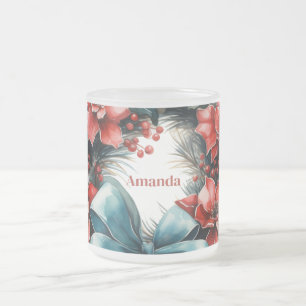 Caneca De Café Vidro Jateado Pine Wreath com Holly Festivo Natal