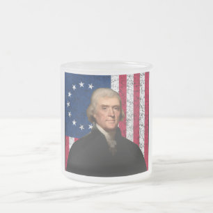 Caneca De Café Vidro Jateado Presidente Jefferson e a bandeira americana
