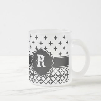 Caneca De Café Vidro Jateado Quatrefoil Branco Preto Monograma
