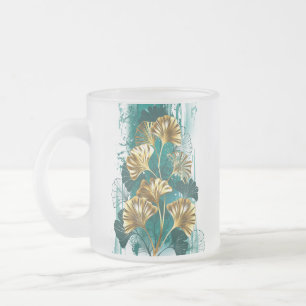 Caneca De Café Vidro Jateado Ramificação com Ouro deixa Ginko Biloba