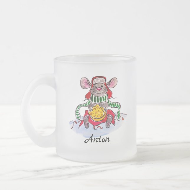 Caneca De Café Vidro Jateado Rato de Queijo de Natal Personalizado (Esquerda)