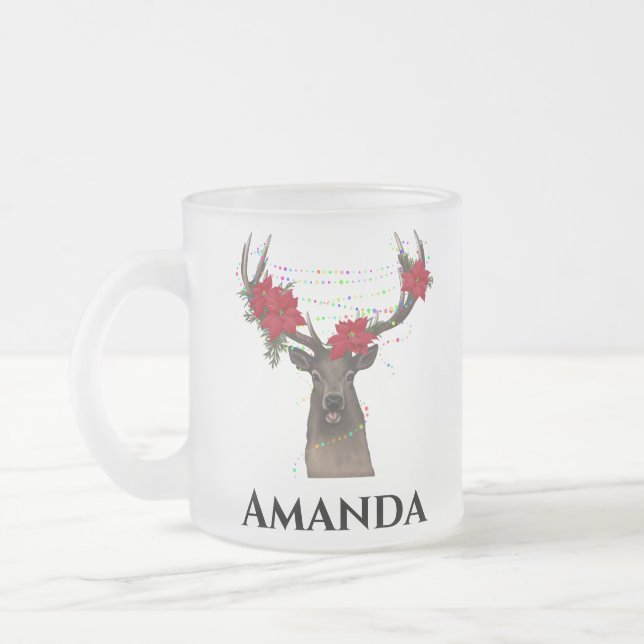 Caneca De Café Vidro Jateado Renas personalizadas - luz de natal (Esquerda)