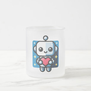 Caneca De Café Vidro Jateado Robô Cute Segurando Coração - Adorável Amor e Tecn