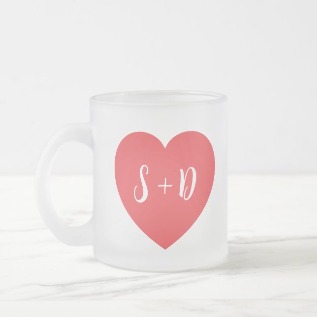Caneca De Café Vidro Jateado Romantic Heart Customizable White Initials Gift  (Esquerda)