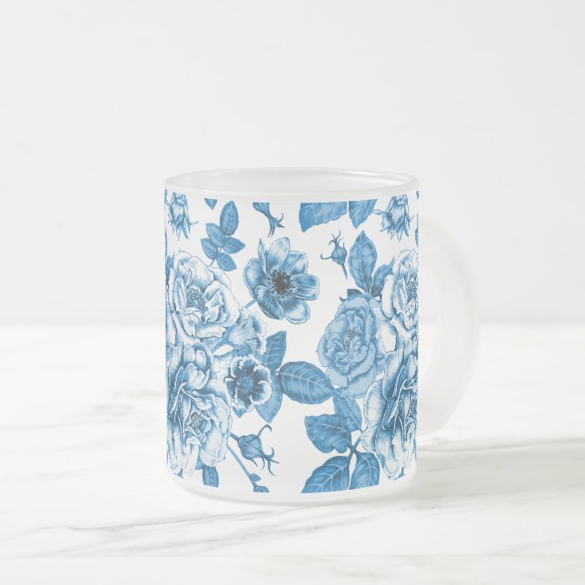 Caneca De Café Vidro Jateado Rosas azuis (Frente Esquerda)