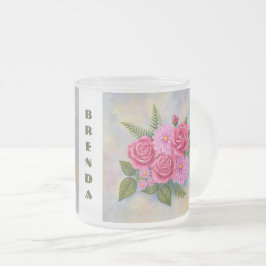 Caneca De Café Vidro Jateado Rosas e Dálias