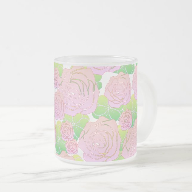 Caneca De Café Vidro Jateado Rosas Rosa Claro (Frente Esquerda)
