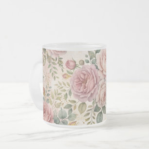 Caneca De Café Vidro Jateado Rosas Rosa Empoeirada Charm Artístico Verde Sálvia