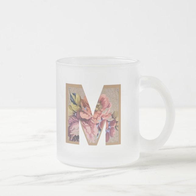 Caneca De Café Vidro Jateado Rustic Floral - Letra Inicial M Monograma (Direita)