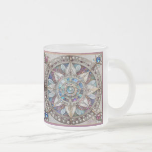 Caneca De Café Vidro Jateado Safiras Rosa e Azul Diamantes Pérolas Mandala