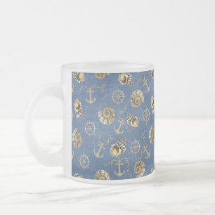 Caneca De Café Vidro Jateado seashelles náuticos azuis da aguarela