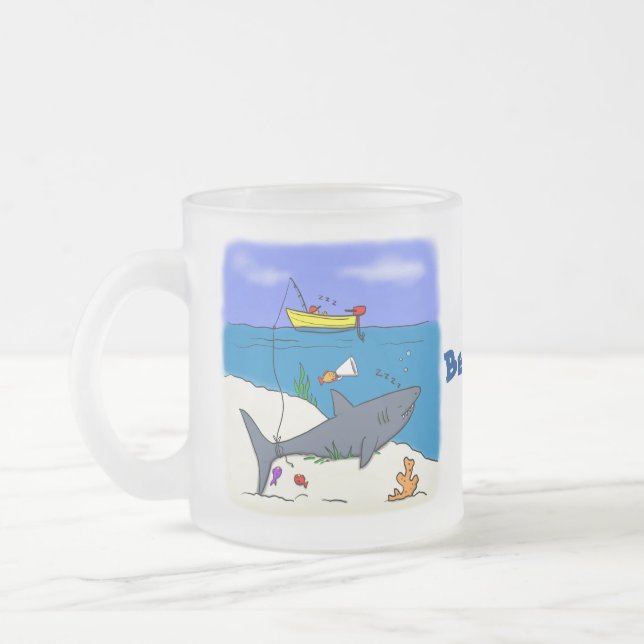 Caneca De Café Vidro Jateado Tubarão-cama engraçado e desenho animado (Esquerda)