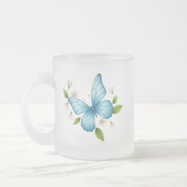 Caneca De Café Vidro Jateado Uma caneca de vidro fosco com borboleta azul