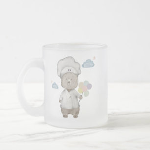Caneca De Café Vidro Jateado ursinho de peluche com chapéu de chef com balões c