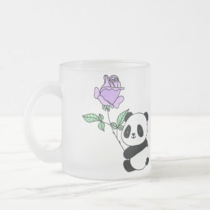 Caneca De Café Vidro Jateado Urso Panda Fofo Segurando Flor de Rosa Roxa