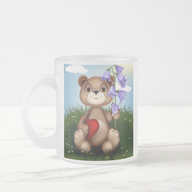 Caneca De Café Vidro Jateado Urso Segurando Buquê Flor-30926 (Esquerda)